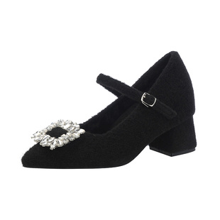 羊皮版10cm增高水钻方扣毛毛单鞋女秋冬新款高跟保暖毛呢玛丽珍鞋