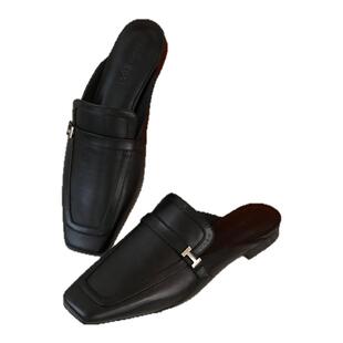 InkingPot彭姐 方头包头拖鞋女外穿真皮舒适平跟单鞋2025春夏新款