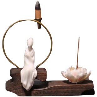 创意中式陶瓷无相佛像家用桌面摆件倒流香炉檀香薰炉香插香道木头