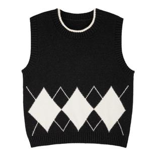 pusumede 菱形格针织马甲背心女韩版设计感小众叠穿气质无袖上衣