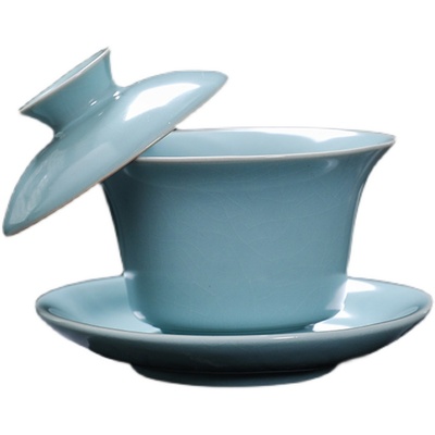 悬停天青汝窑三才盖碗泡茶杯碗