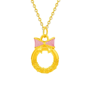 老凤祥足金蝴蝶结项链女黄金珐琅在逃公主吊坠平安扣锁骨链送女友