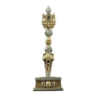 藏式全铜三面普巴金钢橛 五股金刚宝杵手把件 带底座降魔杵摆件