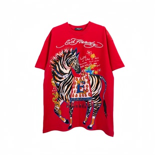 奢潮马年限定新年款烫钻小马红色短袖重工印花高货情侣款潮人T恤