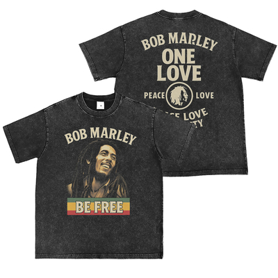 Bob Marley数码直喷水洗做旧复古灰美式街头朋克摇滚乐队短袖T恤