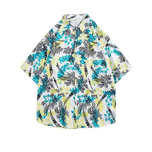 夏威夷花衬衫男泰国风餐厅短袖衬衫复古潮流痞帅度假沙滩宽松衬衣