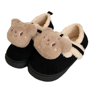 细细条 女冬季豆豆鞋保暖舒适学生户外时尚毛绒小熊全包跟棉拖鞋