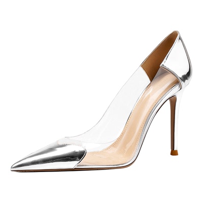 银色透明高跟鞋女气质高级不累脚法式尖头小个细跟大码配礼服轻熟