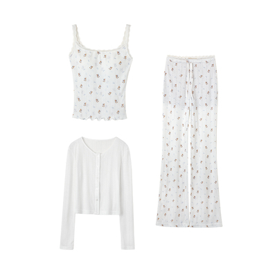 针织开衫蕾丝拼接针织吊带长裤