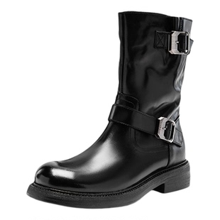 Nine West/玖熙博主同款黑色方糖骑士中筒靴子女短靴西部靴时装靴