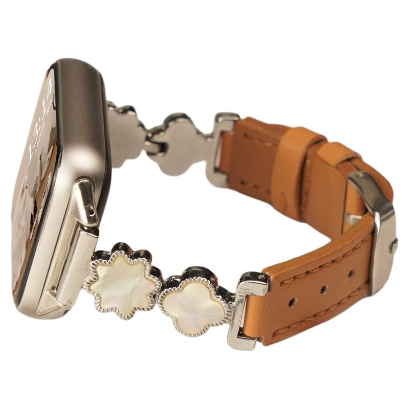 适用vivowatchgt2手表带四叶草贝壳真皮腕表带watchgt母贝运动watch5智能watch3女生watch2春夏月光白
