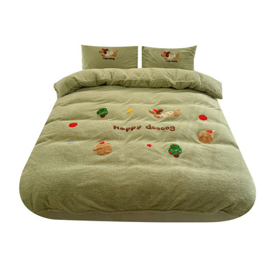 ins治愈绿加厚双面泰迪绒四件套