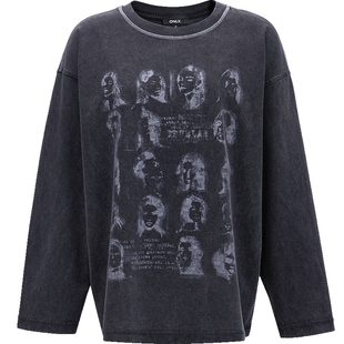 ONLY2025秋季新款复古水洗个性印花宽松落肩圆领长袖卫衣T恤女