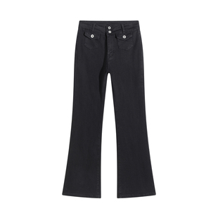 25年新款美式复古黑色高腰弹力显瘦小个子拖地马蹄裤微喇叭牛仔裤