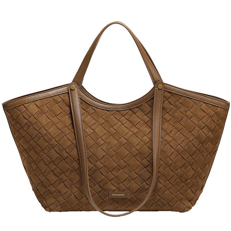 百丽包包女25冬新款通勤绒布编织拼接单肩手提大容量托特包8573DA