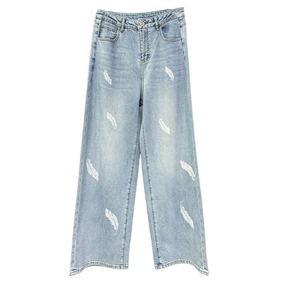 烫钻羽毛印花高腰牛仔阔腿裤