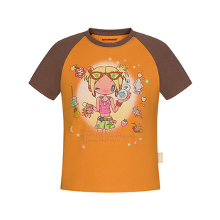 BETWEENANDx鸟鸟一 夏季双色插肩袖印花撞色短款上衣短袖T恤新款