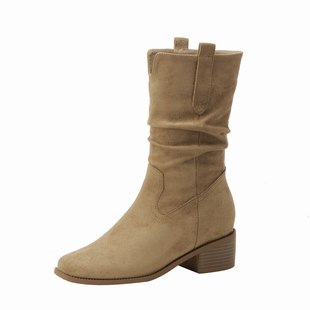 34小码33马丁靴女内增高小个子高跟粗跟短靴子V口西部靴40大码41