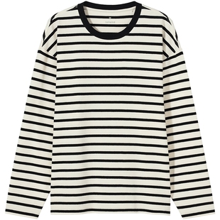 热风女士条纹长袖T恤上衣2025年秋季新款轻磨毛条纹内搭T恤打底衫