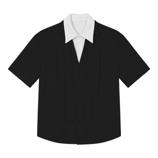 HLDS很仙的男装休闲男士夏天短袖衬衫假两件免烫抗皱衬衣宽松上衣