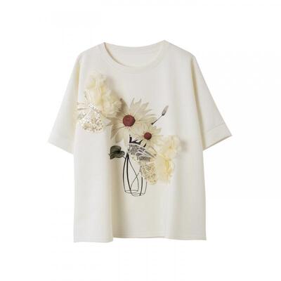 宝诗黎蝙蝠袖钉珠印花T恤