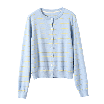 淘么淘 条纹无凡品 软糯羊毛撞色薄款圆领长袖针织开衫上衣女春款