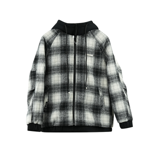 连帽假两件格子毛呢夹克男2025冬宽松潮流加绒外套格纹撞色派克服