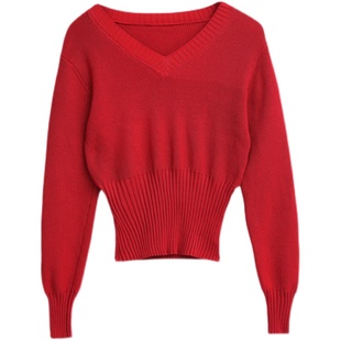 v领毛衣女春季内搭打底衫小个子针织衫 洋气卡腰配裙子的短款上衣