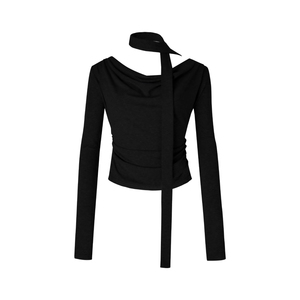 ourhour 飘带荡领 黑色后背可调节修身打底衣 女秋设计感长袖T恤