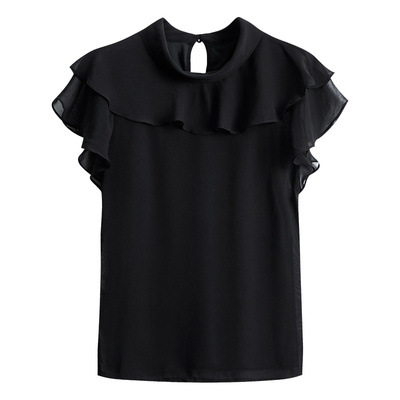 荷叶边雪纺衫百搭显瘦黑色上衣夏