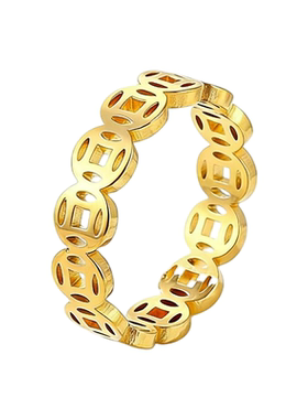 NG招财铜钱钛钢戒指女复古玄学