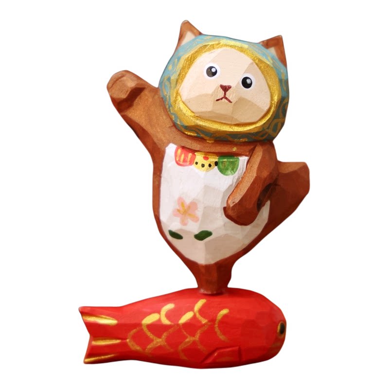 可爱卡通猫鱼头动物木雕彩绘摆件