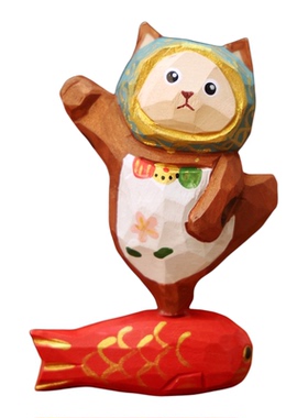 可爱卡通猫鱼头动物木雕彩绘摆件