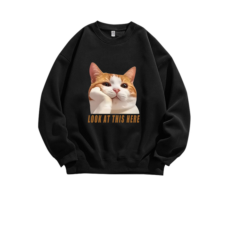 可爱橘猫托腮表情包设计美式直喷印花长袖T恤衫重磅纯棉男装卫衣