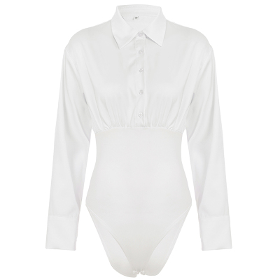 WEEKEEP 简约休闲白色POLO领长袖连体衣百搭修身收腰显瘦衬衫上衣