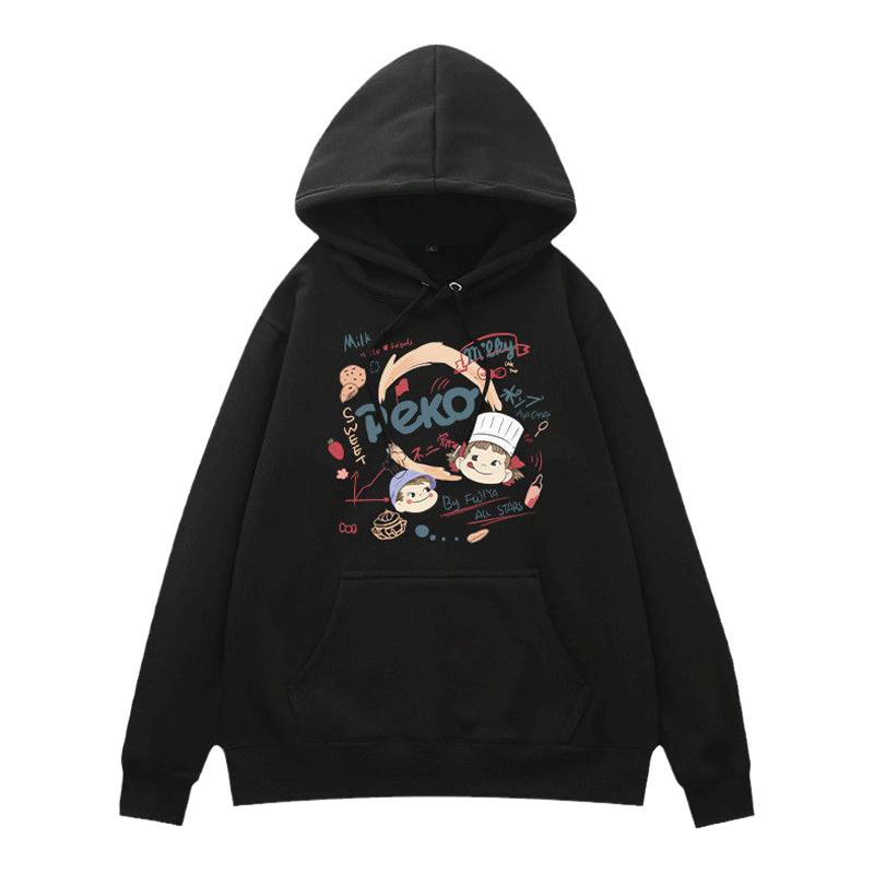欧阳娜娜同款黑色连帽加绒女士卫衣卡通不二家印花秋冬季纯棉外套