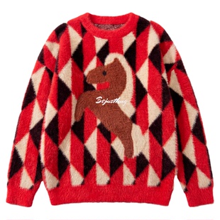 BJHG不计后果新年限定红色毛衣男女款冬季针织外套情侣装马年毛衣