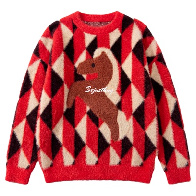 BJHG菱格马年毛衣男款复古红色