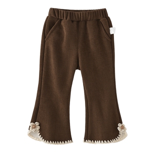 女童喇叭裤秋冬小童微喇冬季薄绒儿童咖色休闲裤时髦宽松宝宝裤子