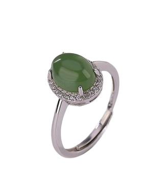 蛋形925银和田玉椭圆戒指新款女气质高级感素圈中式国潮食指戒