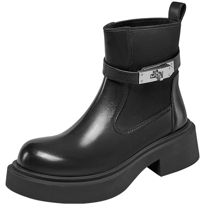 意尔康真皮粗跟短靴女高级感25秋冬款小个子配裙子切尔西靴黑色