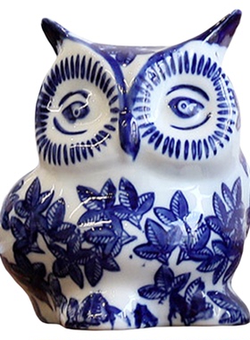 青花瓷猫头鹰中式可爱装饰摆件