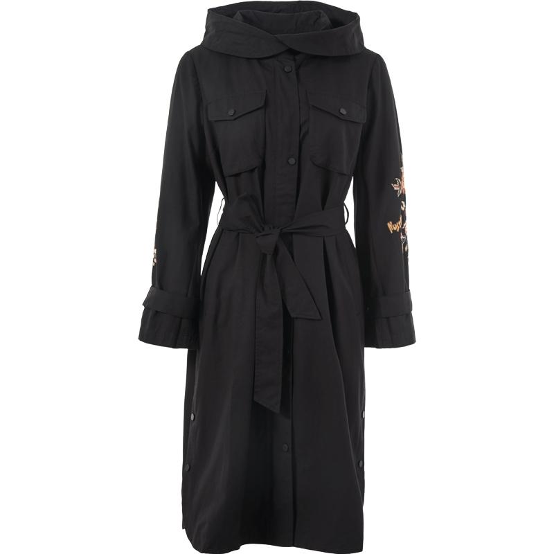 渔牌女装风衣女款2023新款撞色连帽绣花过膝休闲长款外套FGFC3011