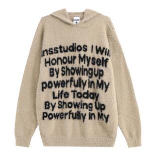 NOPASS 国潮牌情侣原创美式字母LOGO提花毛衣马海毛连帽针织衫女