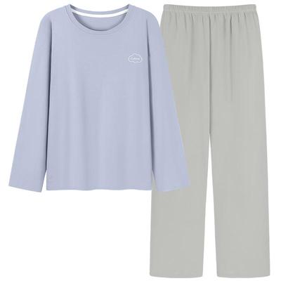 纯棉睡衣男长袖春秋秋冬纯色圆领