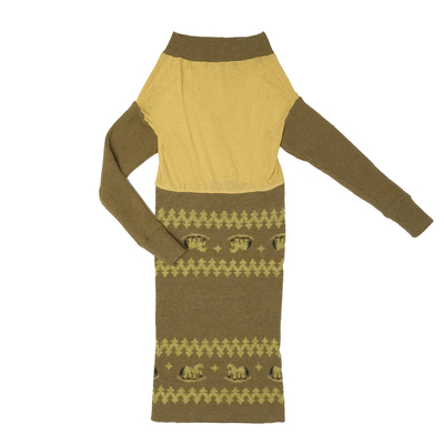 QSC黄绿色针织拼接木马提花高弹连衣裙多功能穿搭上衣一字领毛衣