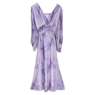 Kerry修身《紫杉木》 2025新款法式复古晕染弹力网女人紫色连衣裙