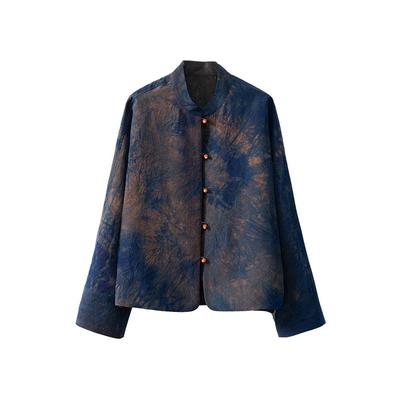 一丝牵 双面穿 蓝色扎染香云纱真丝国风外套新中式100%桑蚕丝上衣