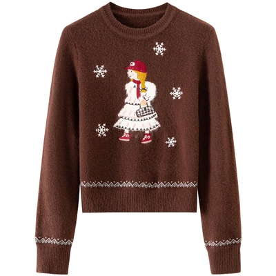 【绵羊毛】BANANA BABY2025年冬新款原创提花刺绣毛衫女套头减龄