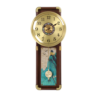 客厅新中式挂钟家用创意珐琅彩装饰金属摇摆钟表挂墙壁挂时钟9275